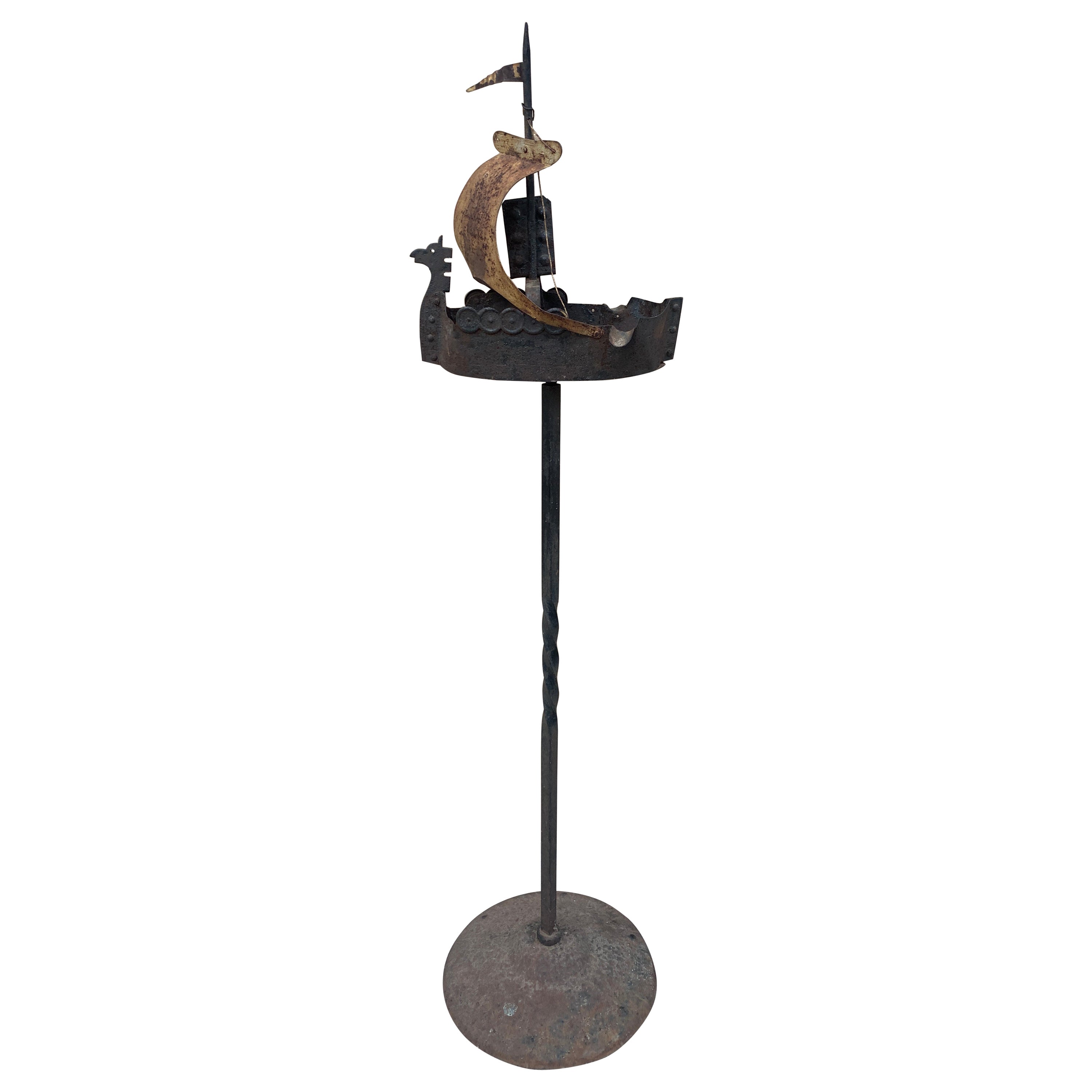 Vintage Sailing Ship Wrought Iron Ashtray on Stand