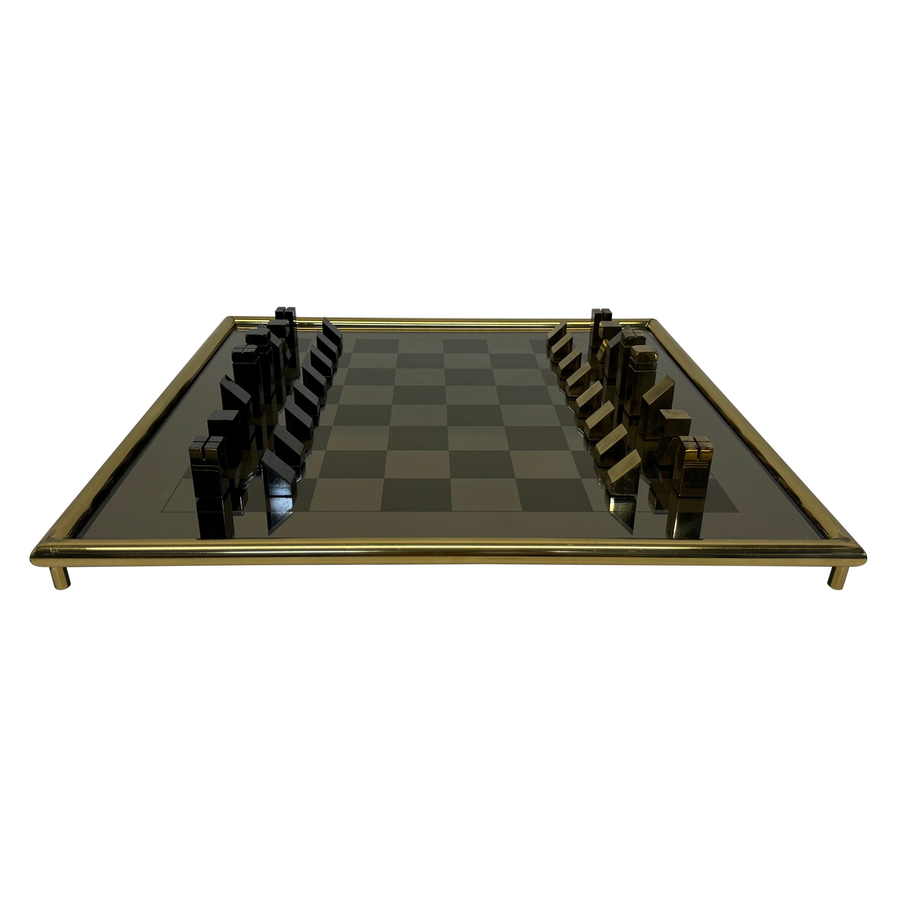 Mid-Century Brass and Gunmetal Chess Set With Mirrored Glass Inset Board, 1970s