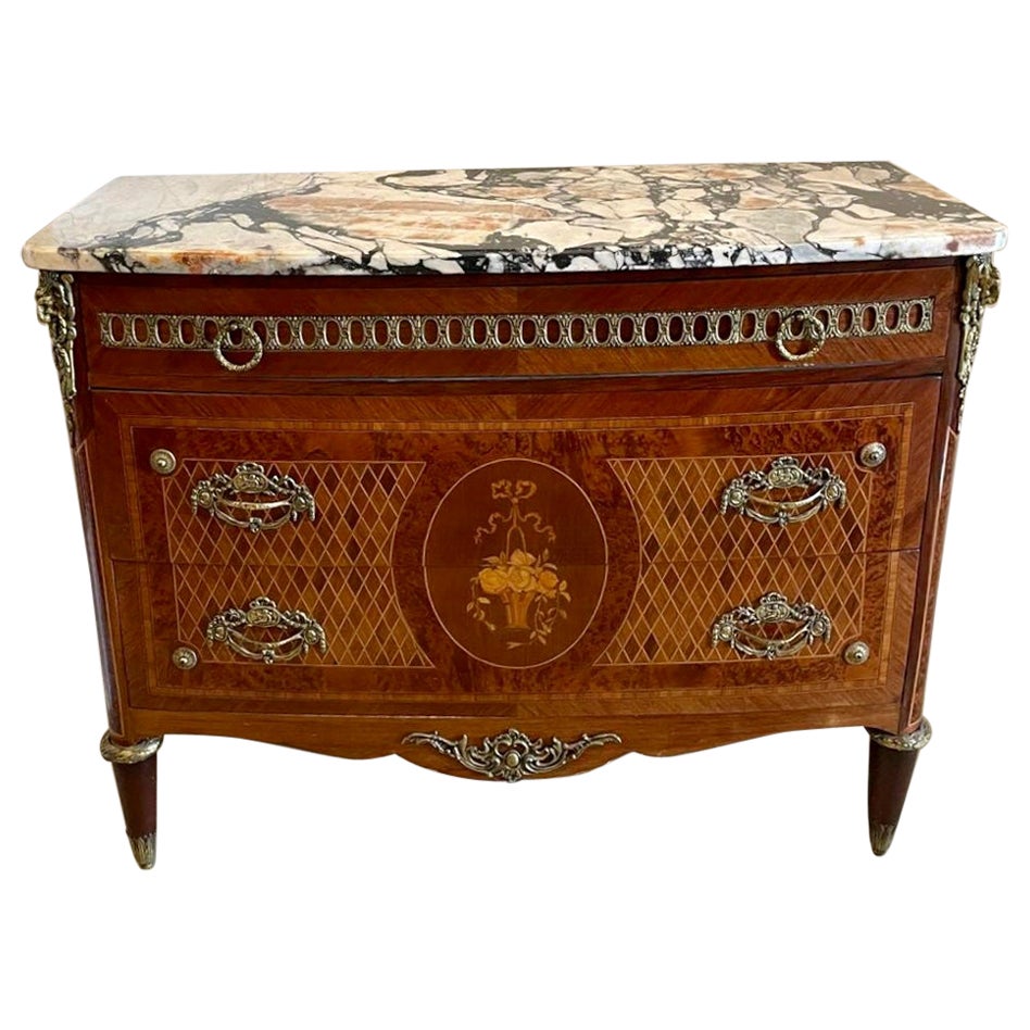 Antique Quality French Kingwood & Marquetry Inlaid Marble Top Chest of Drawers