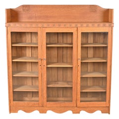 Antique Victorian Carved Oak Glass Front Triple Bookcase, Circa 1900