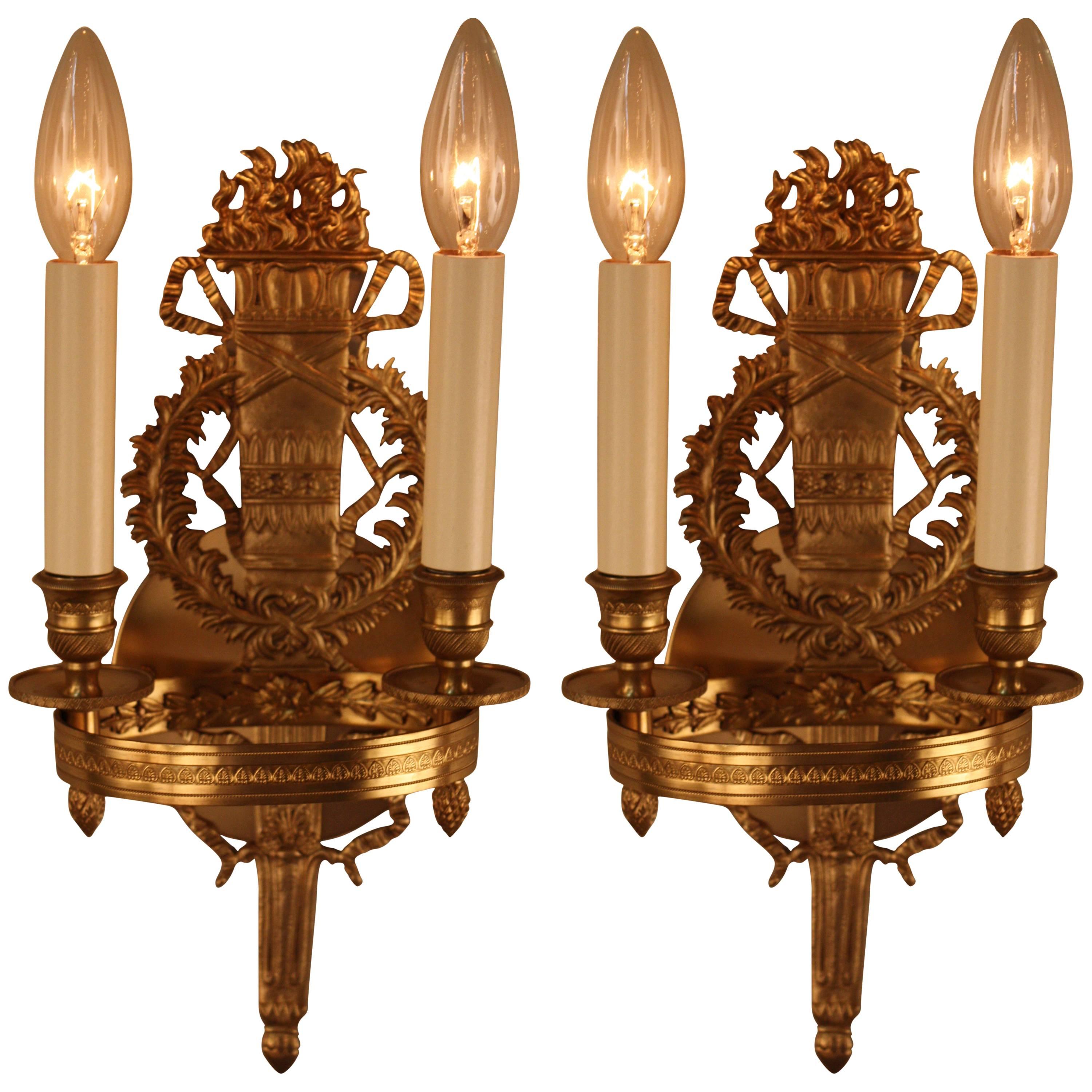 Pair of French Empire Style Bronze Wall Sconces For Sale