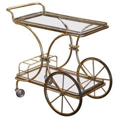 Mid-Century French Bagues Style Two-Tier Brass Bar Cart on Wheels