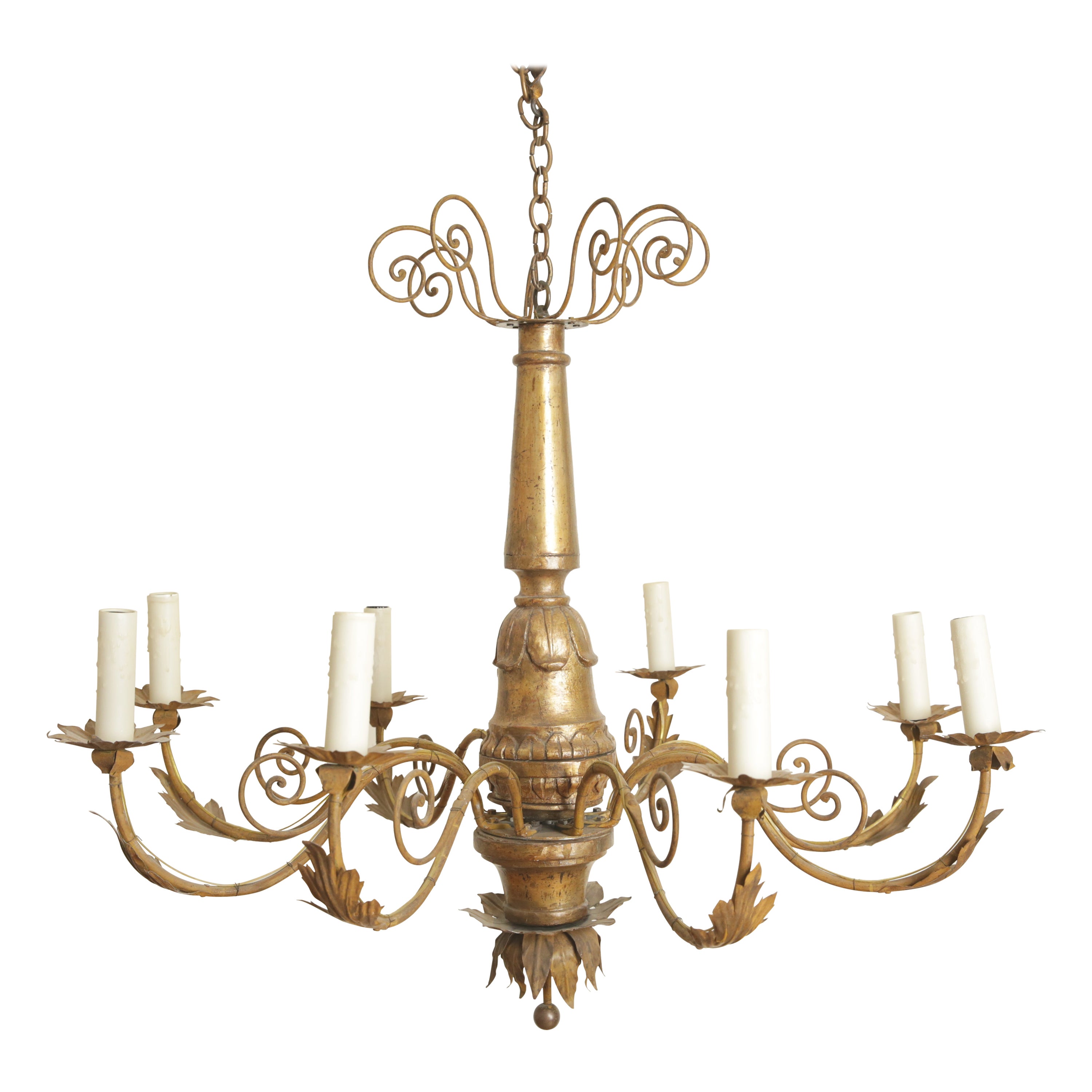 Italian, Piemonte, Neoclassic Giltwood, Iron, & Metal 8-Light Chandelier, c.1830