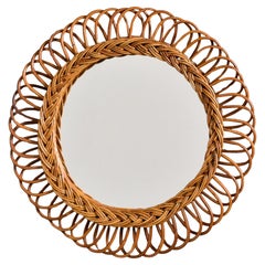Vintage Italian Round Wicker Framed Mirror Attrib to Franco Albini for Bonacina