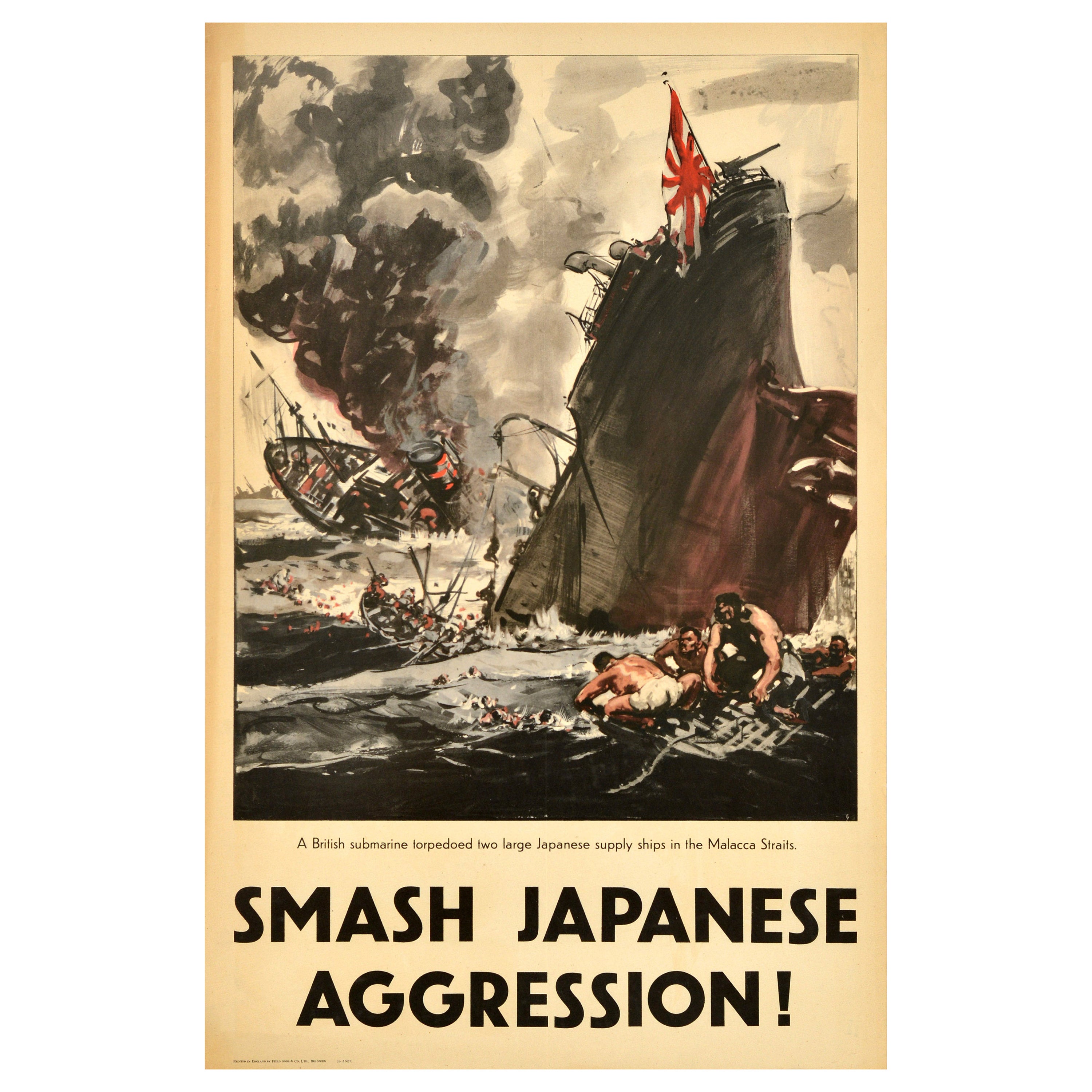 Original Vintage WWII Propaganda Poster Smash Japanese Aggression Malacca Strait