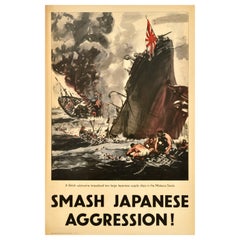 Original Vintage WWII Propaganda Poster Smash Japanese Aggression Malacca Strait