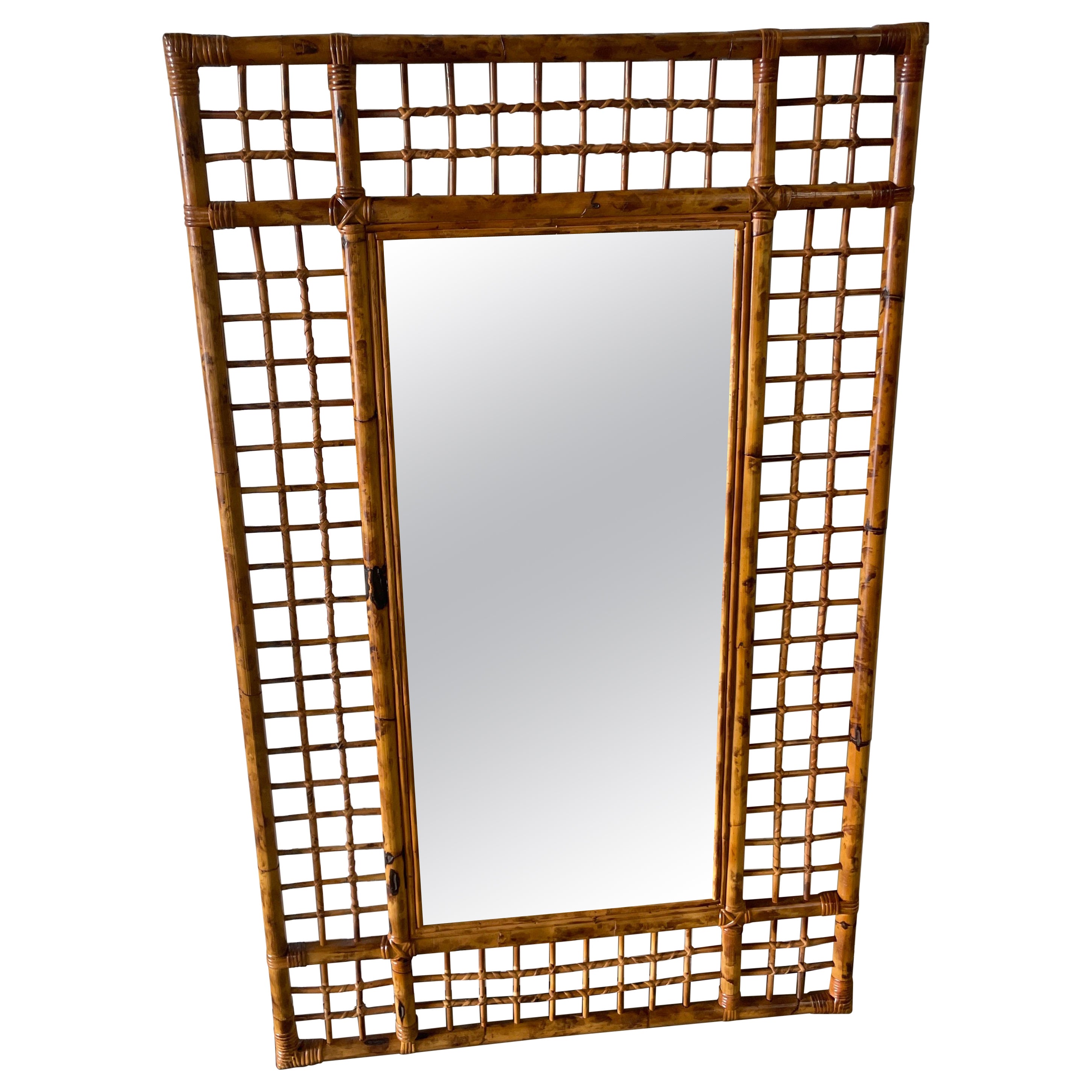 Large Burnt Bamboo Lattice Frame Wall Mirror