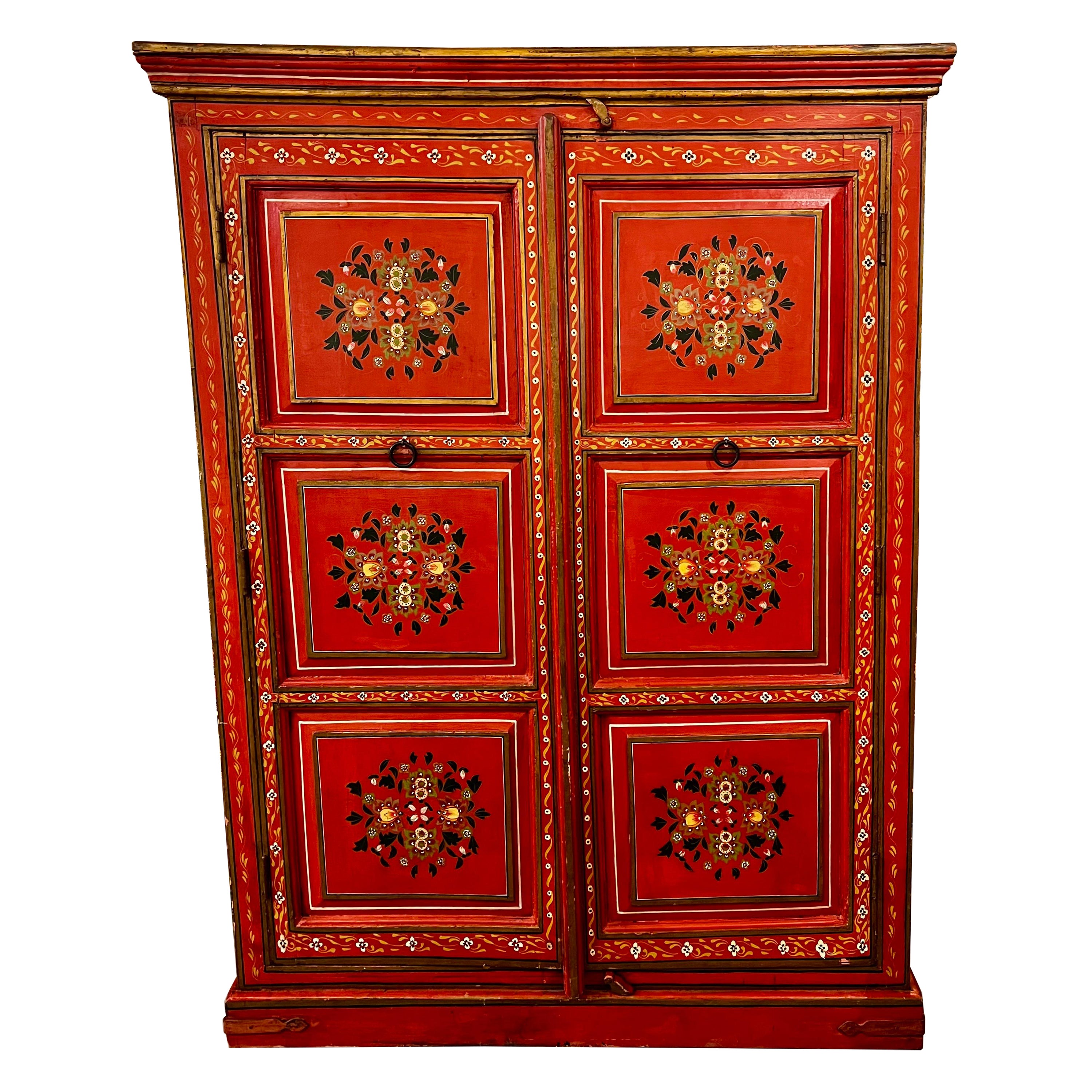 Hand Painted Red Moroccan Linen Press Armoire Cabinet Wardrobe Chest