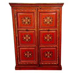 Vintage Hand Painted Red Moroccan Linen Press Armoire Cabinet Wardrobe Chest