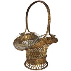 Wonderful French Bronze and Crystal Woven Basket Large Glass Gilt Centerpiece