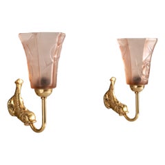 French Designer, Wall Lights, Brass, Glass, France, 1970s