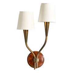 Swedish Designer, Wall Light, Brass, Teak, Fabric, Sweden, 1950s