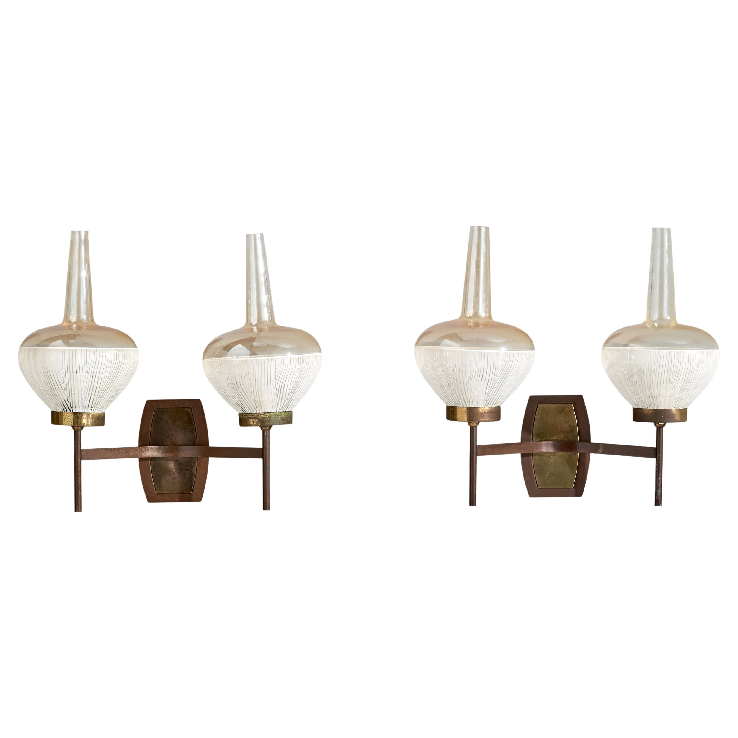 French Designer, Wall Lights, Brass, Glass, France, 1950s