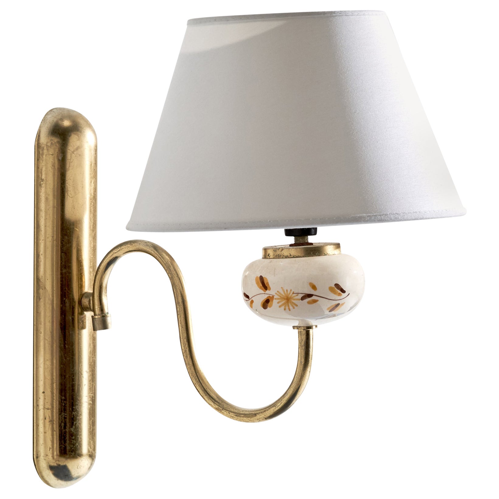 Swedish Designer, Wall Light, Brass, Ceramic, Fabric, Sweden, 1950s For Sale
