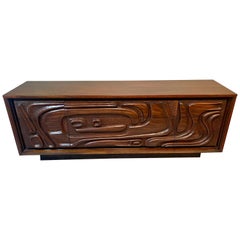 Mid Century Brutalist Pulaski Oceanic Intricately Carved Lowboy Long Dresser