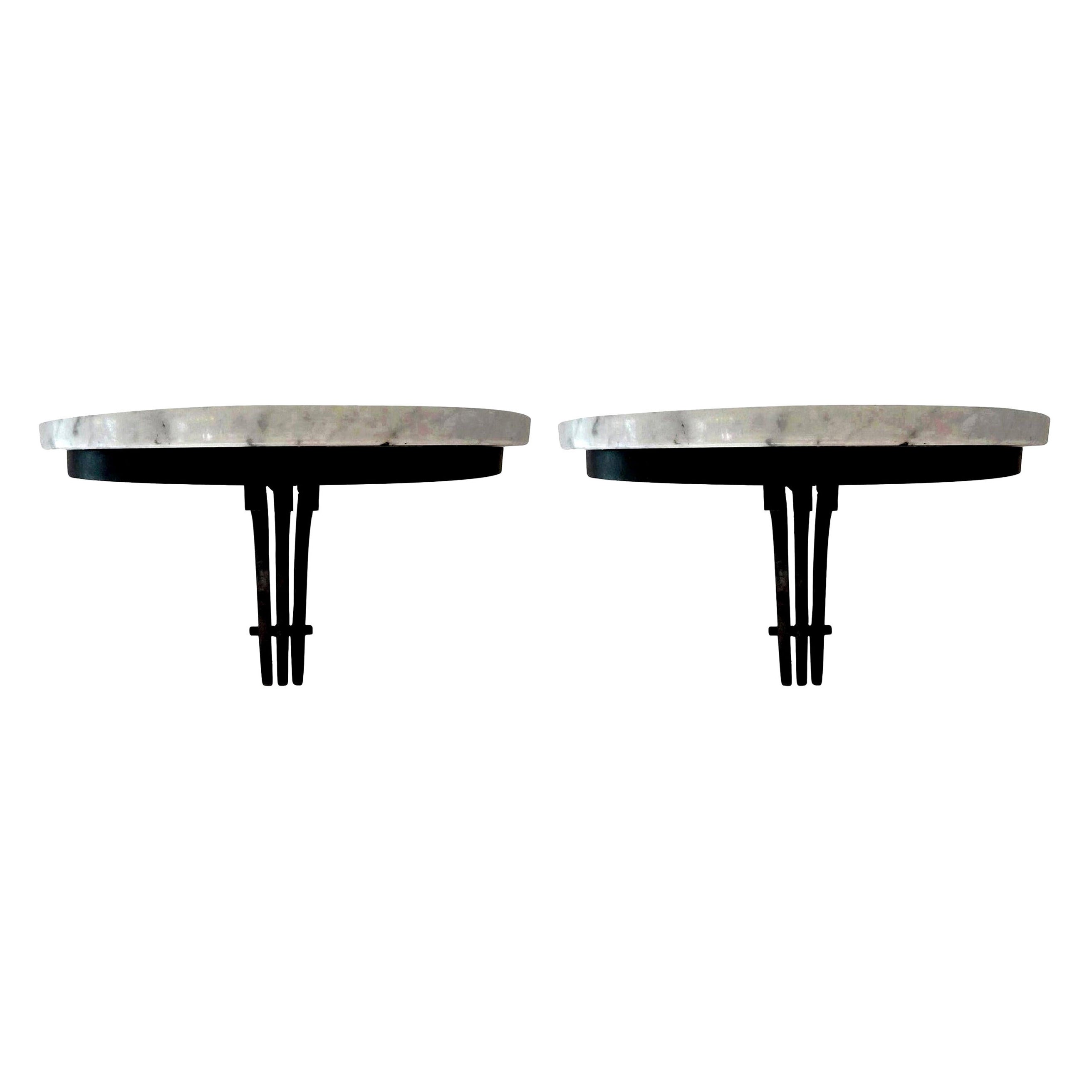 Pair of French Art Deco Wrought Iron Wall Brackets or Consoles with Marble Tops