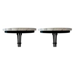 Pair of French Art Deco Wrought Iron Wall Brackets or Consoles with Marble Tops