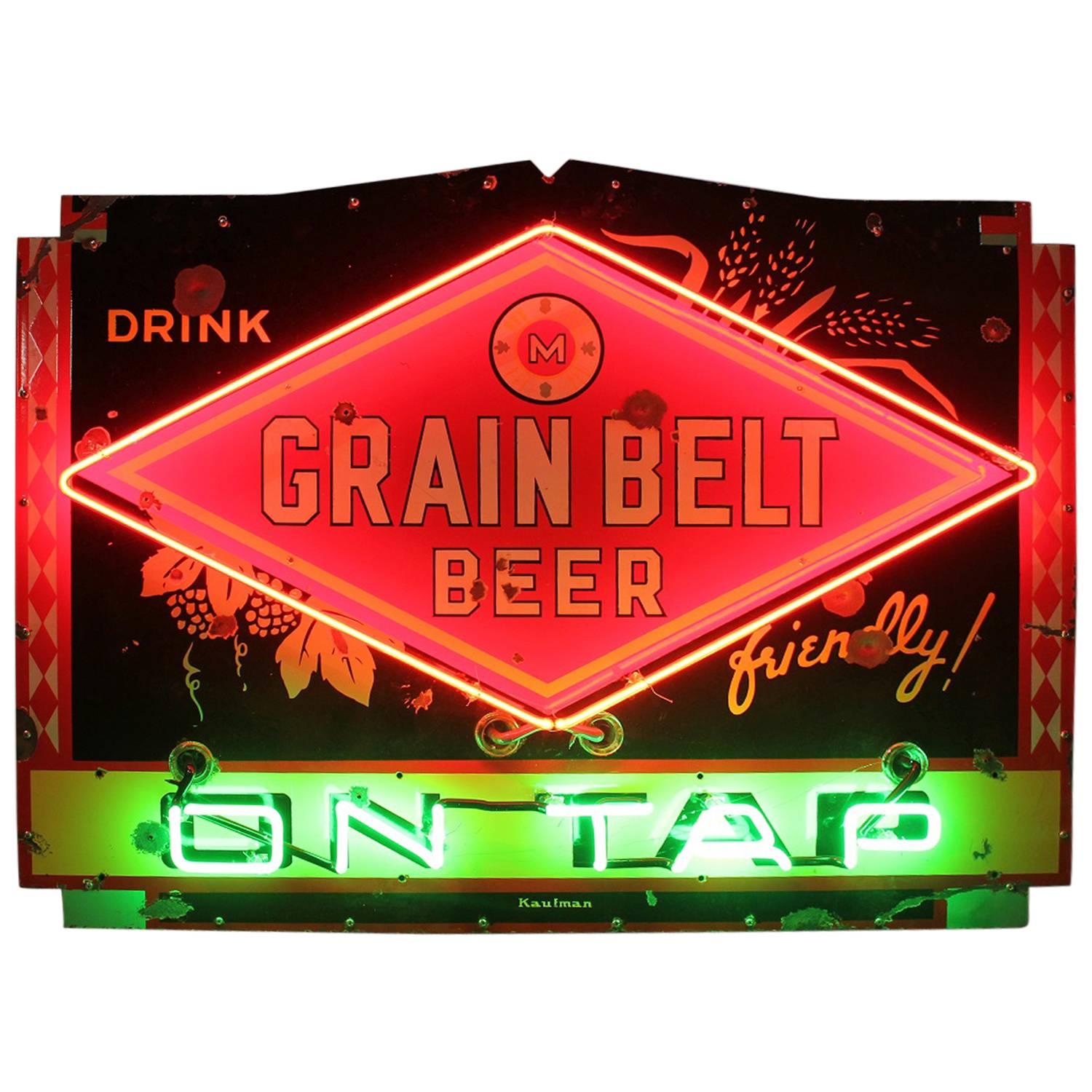 1950s Porcelain Neon Sign "Drink Grain Belt Beer on Tap"