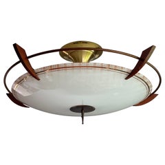 X Large 2 Light Midcentury Modern Mint Glass, Brass & Teakwood Flush Mount 1950s
