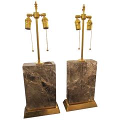 Pair of Custom Sculptural Rock-Crystal Lamps on Giltwood Base
