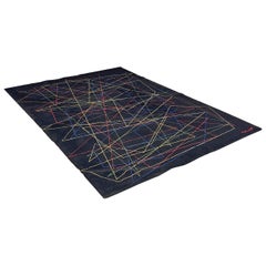 Modern Italian black medium pile wool carpet with colorful geometric draw, 1980s
