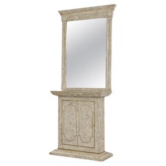 1980s Tessellated Travertine Marquetry and Brass Console Table With Mirror