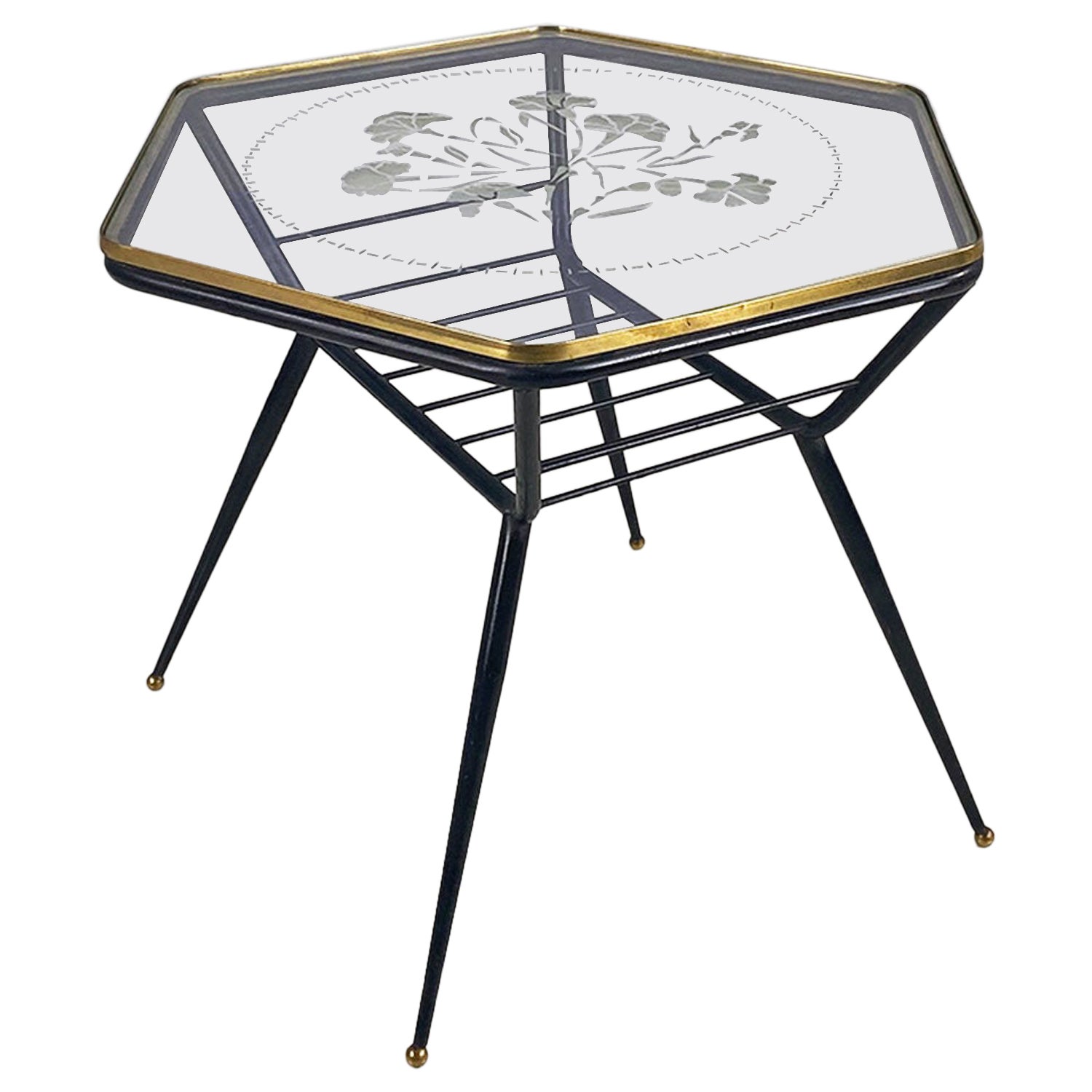 Mesa de centro italiana deco de metal y cristal decorado con revistero, años 50