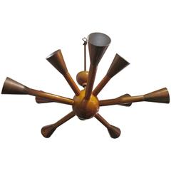 Unusual Wood and Copper Sputnik Chandelier with Ten Arms