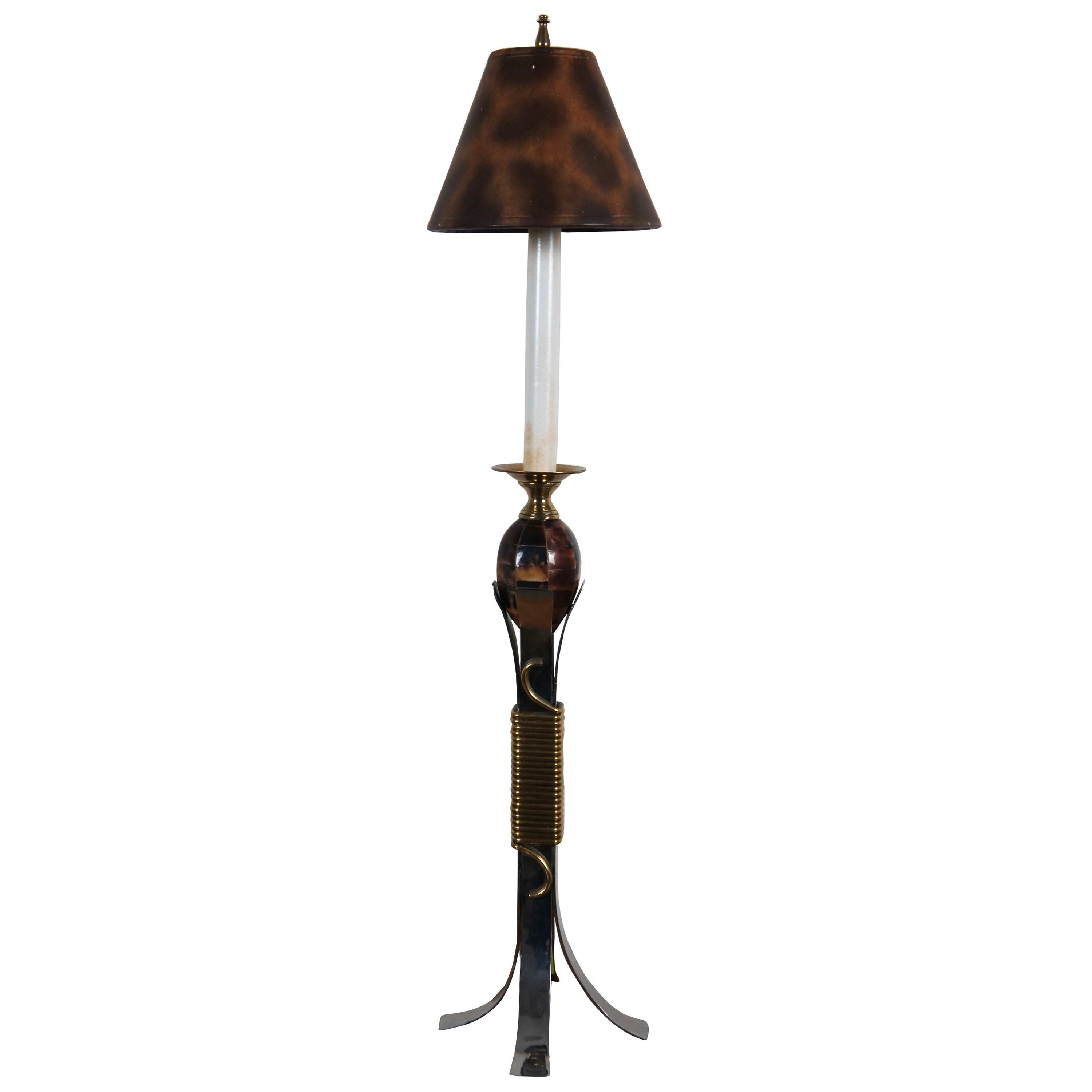 Maitland Smith Tessellated Faux Tortoise Chrome Candlestick Buffet Table Lamp