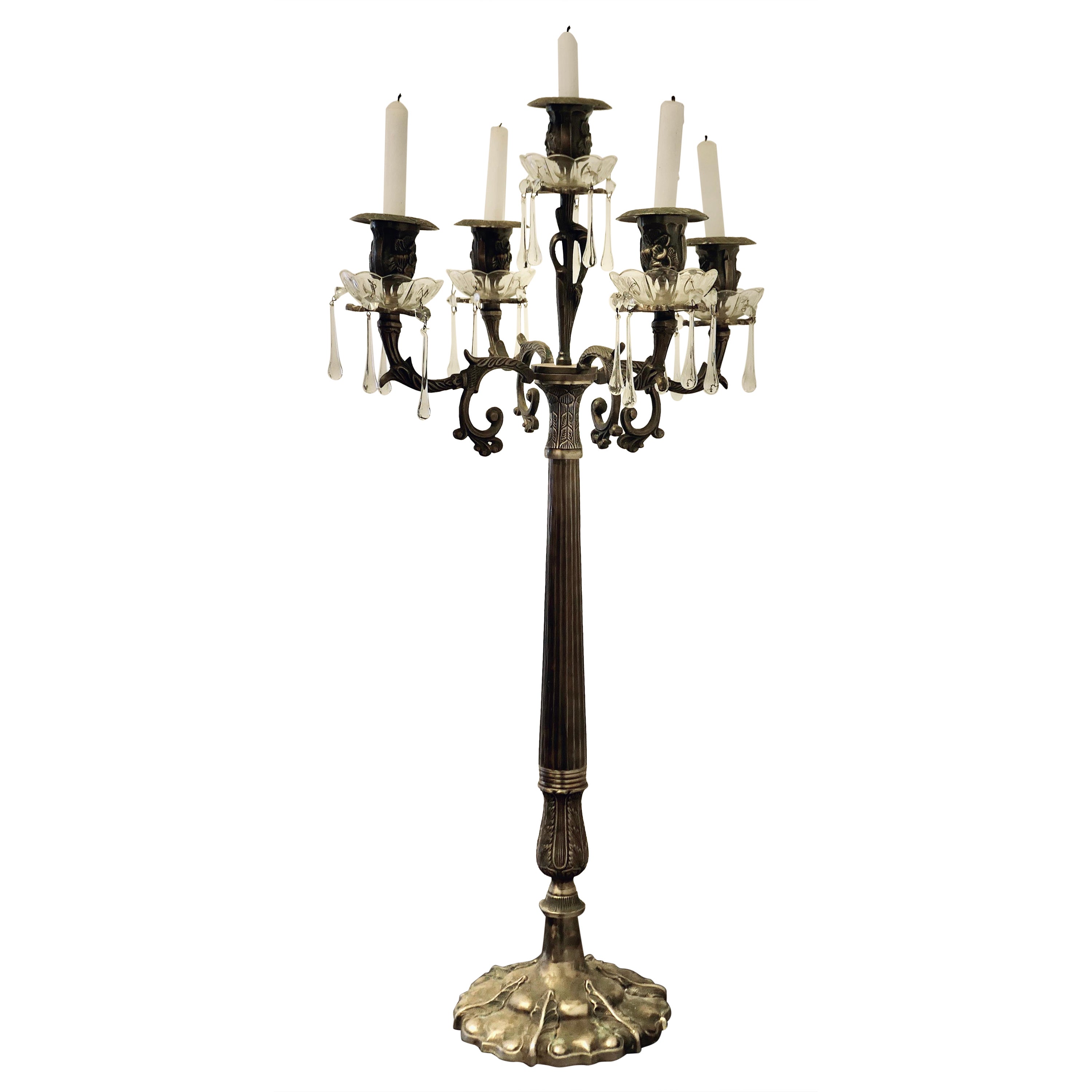 Candelabro a 5 rami in metallo e cristallo in stile Art Nouveau francese, in argento. in vendita