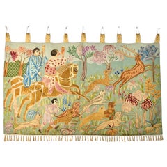 Naive art style silk chain stitch tapestry, 1920-1940, France