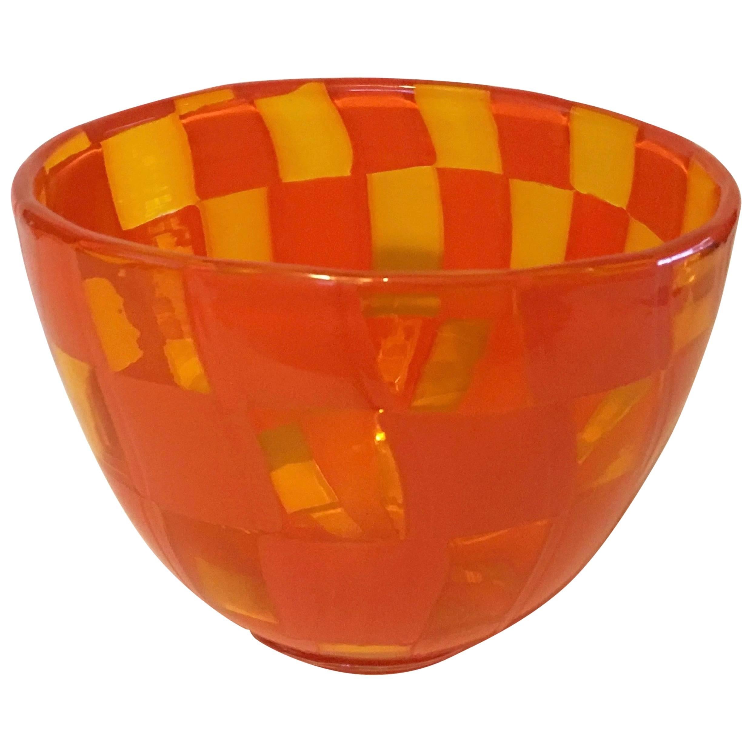 Barovier and Toso Amber Glass Bowl with Orange Patchwork For Sale