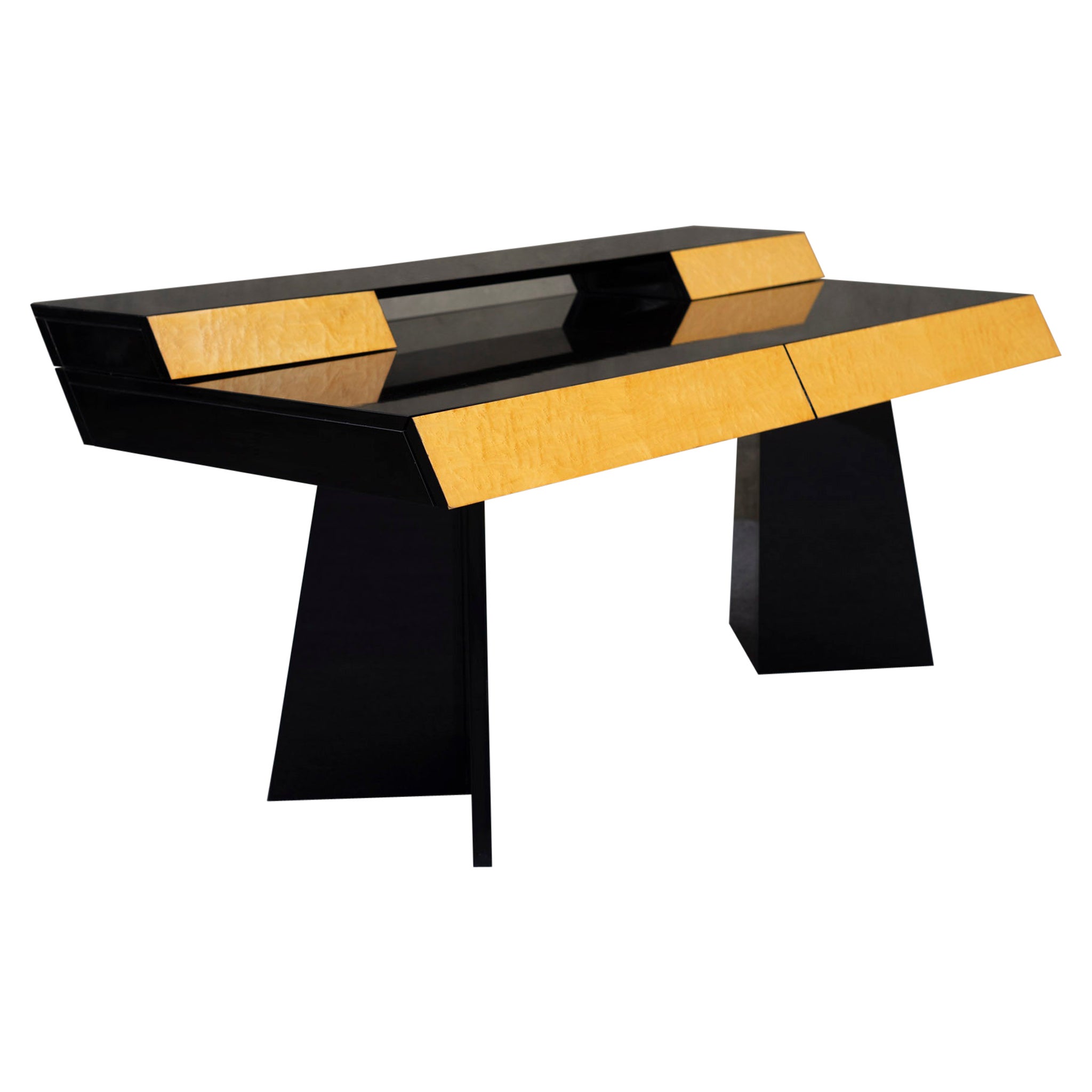 Post-Modern Italian Executive Desk Piano Black Burl by G&C Italia Art Deco Style For Sale