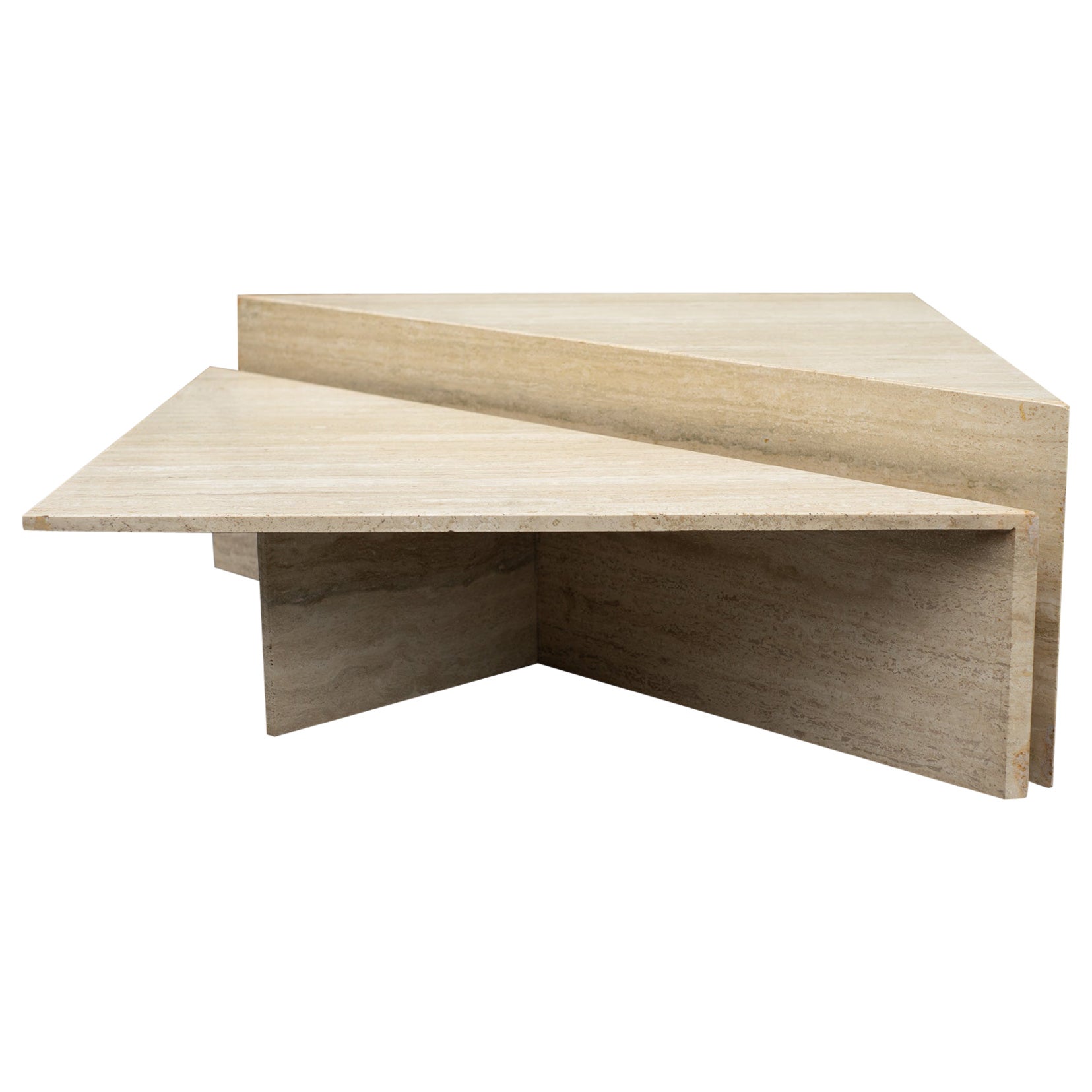 2-Piece Up & Up Triangular Nesting Staggered Coffee Tables in Travertine Stone