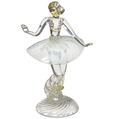 Murano Blanco Zanfirico Cintas Motas de Oro Arte Italiano Vidrio Escultura Bailarina