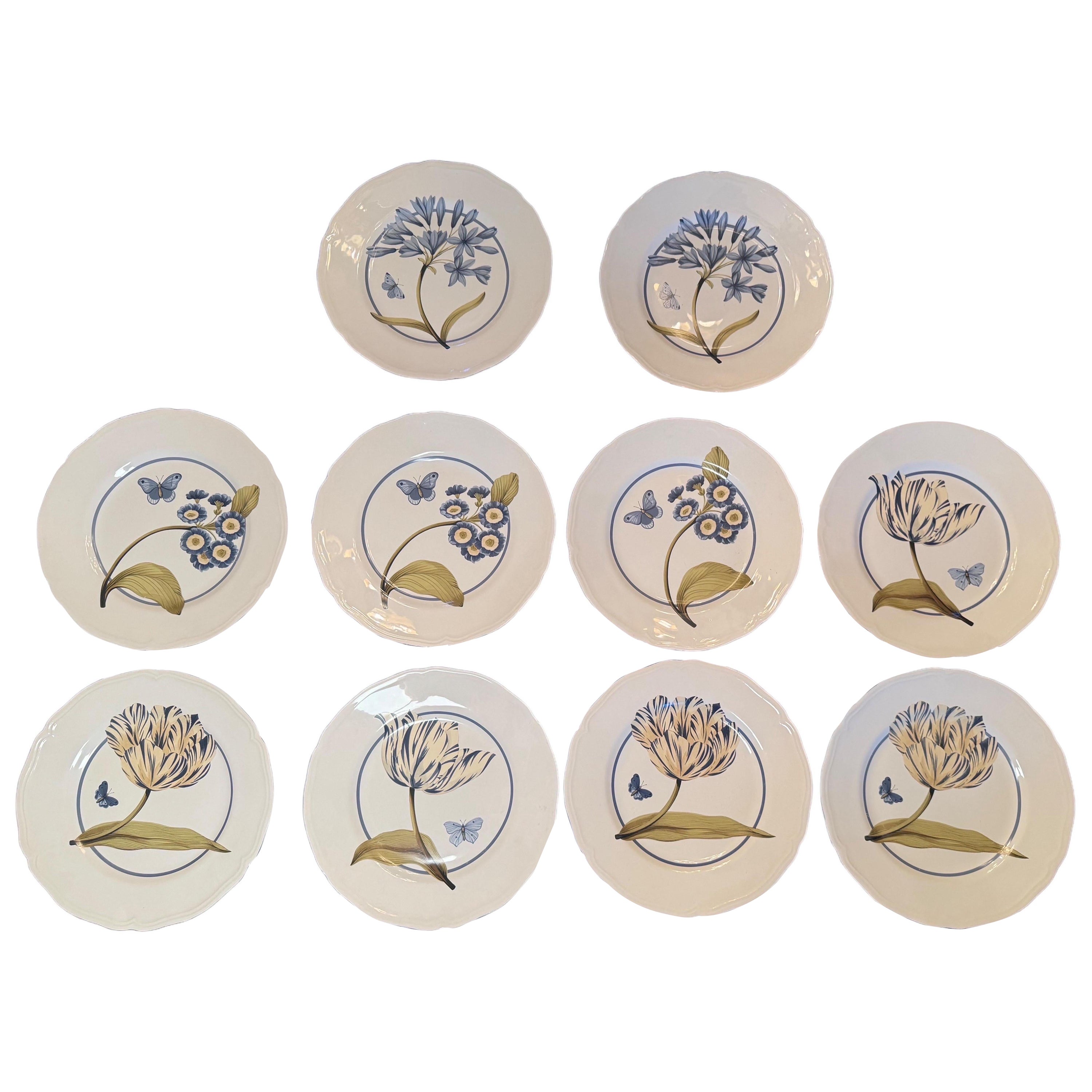 10 Colefax & Fowler " Tulipán y Mariposa " Platos llanos de 11 pulgadas en venta