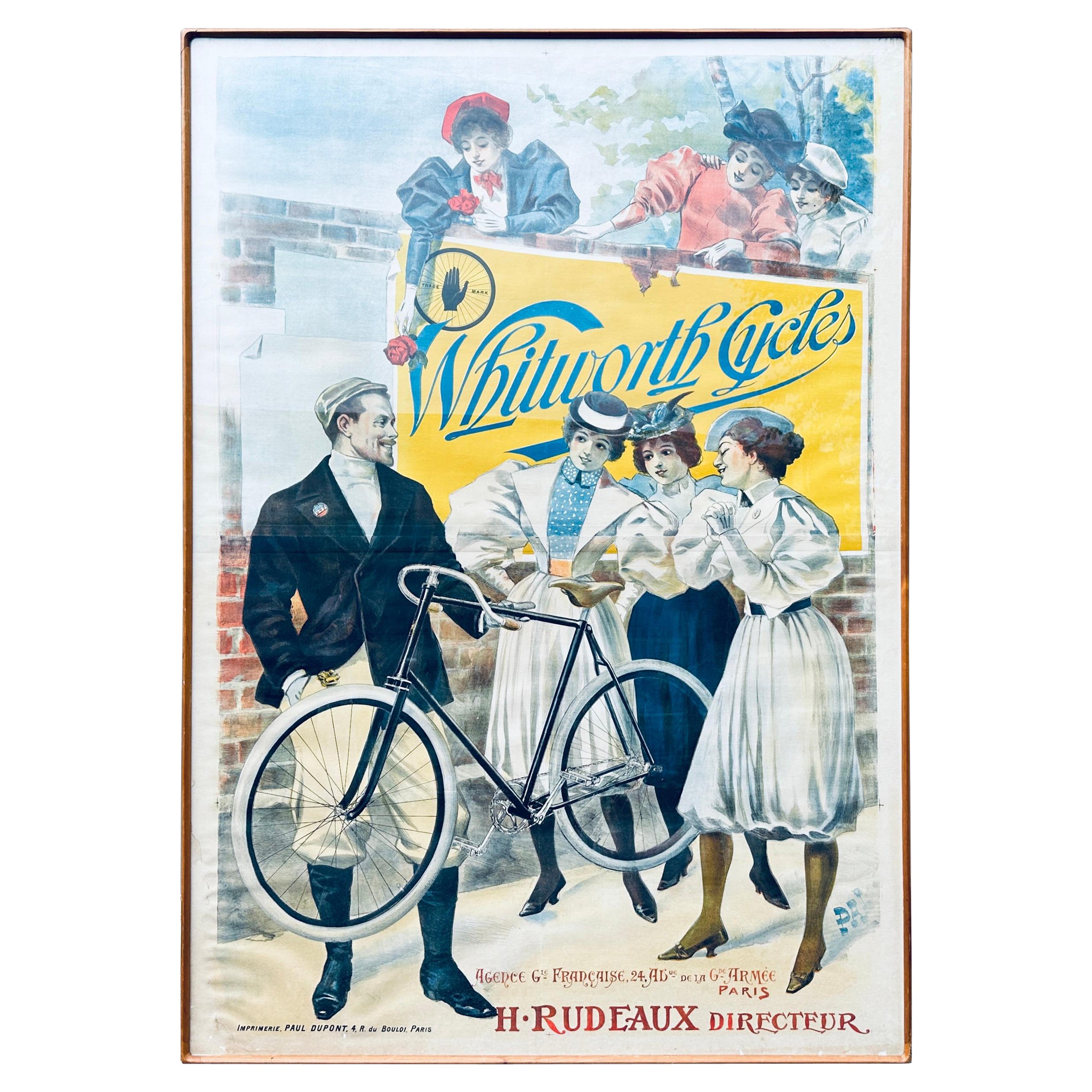 Poster pubblicitario originale incorniciato della bicicletta francese Whitworth Cycles di PAL
