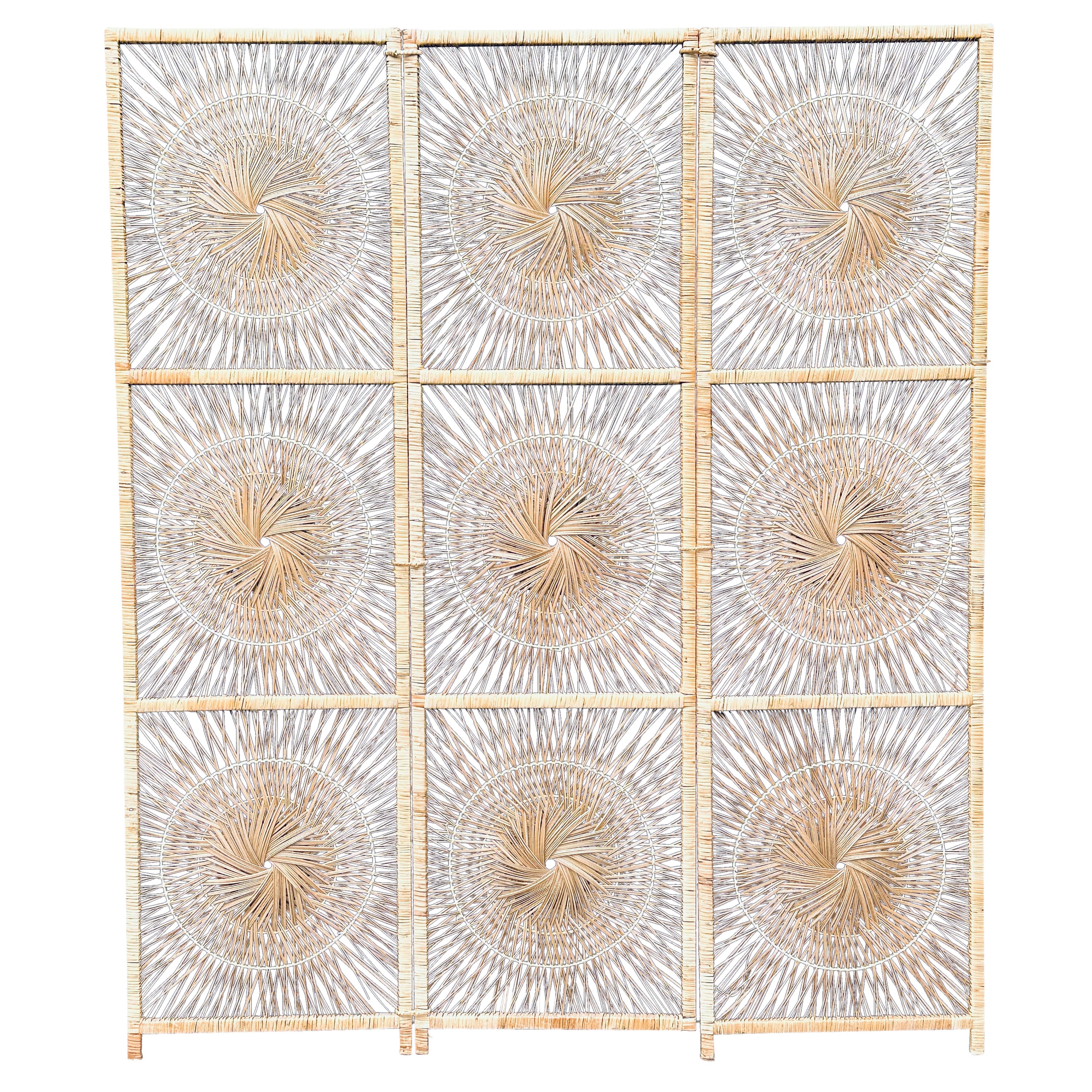 Organic Modern Woven Rattan Sunburst Three Panel Folding Screen Room Divider