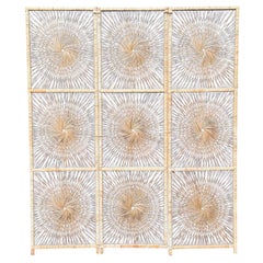Organic Modern Woven Rattan Sunburst Three Panel Folding Screen Room Divider