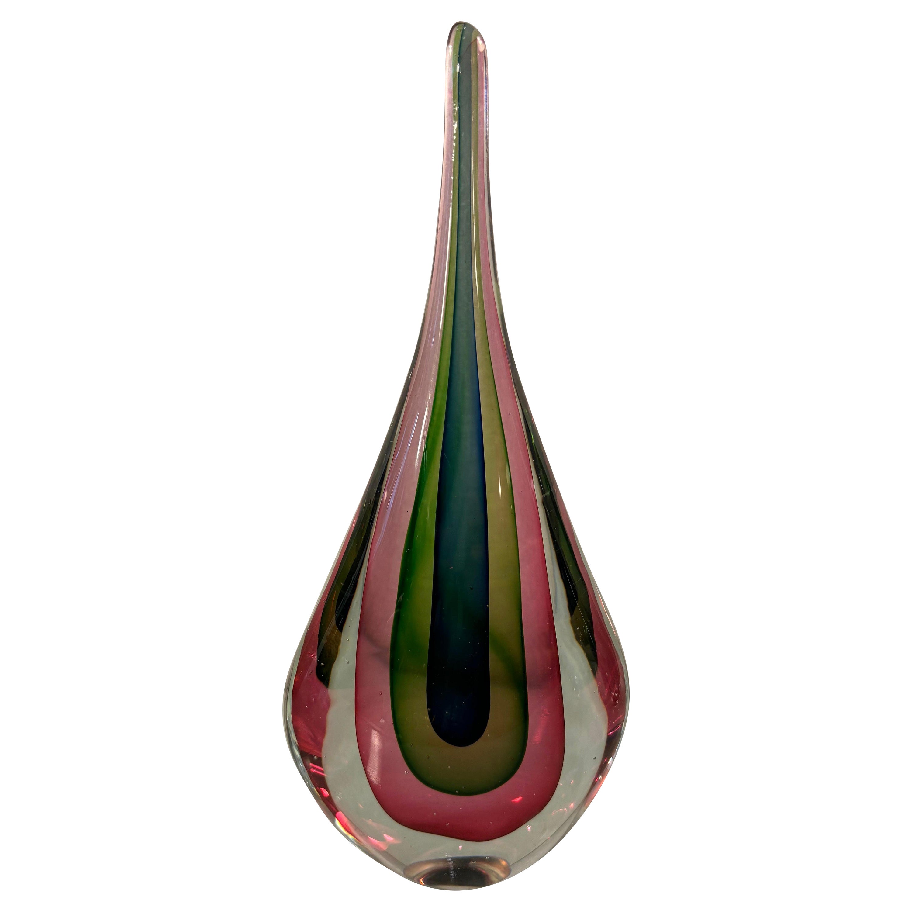 1960's Italian Murano Glass Sommerso Teardrop Sculpture by Flavio Poli