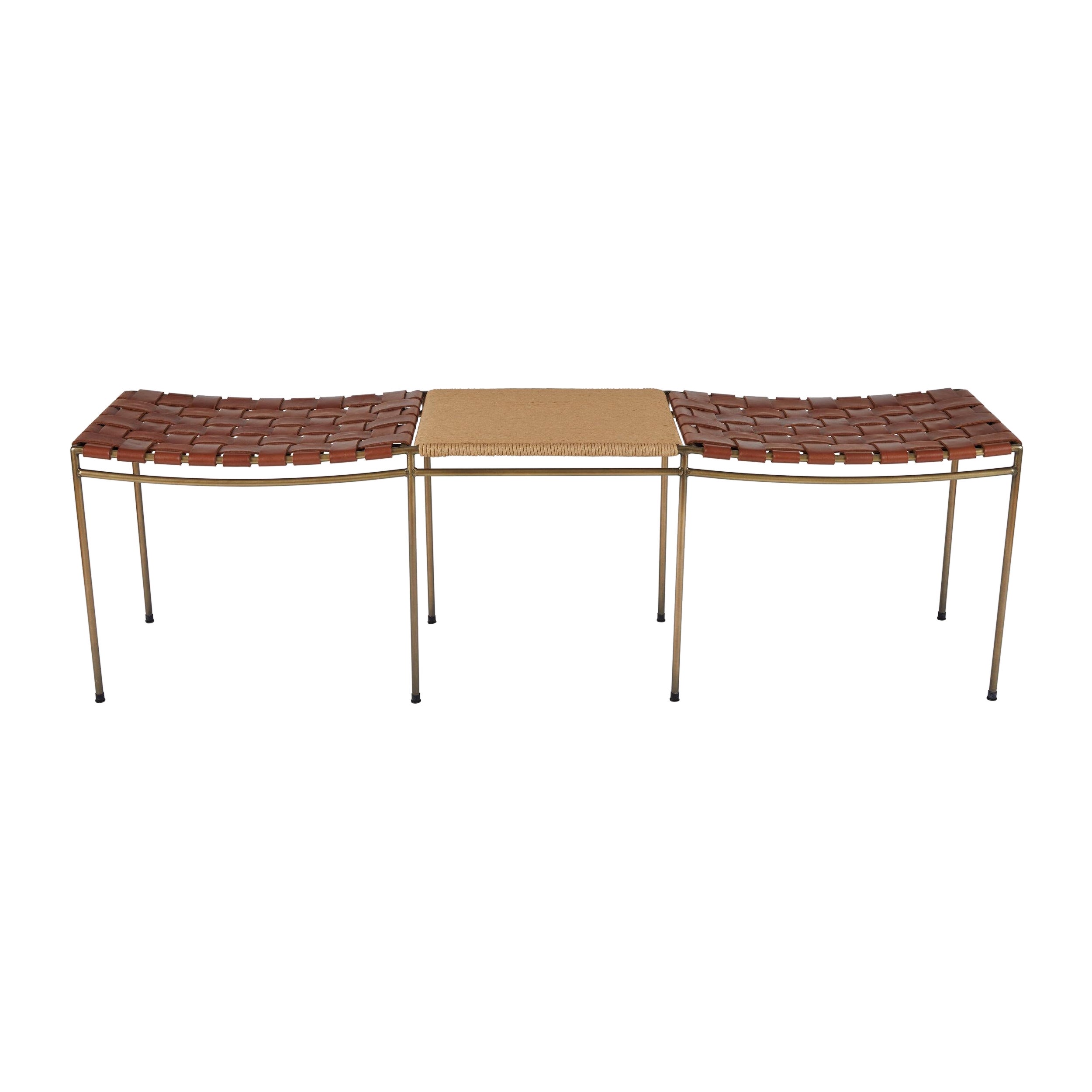 Two Seat Single Rail Woven Leather Bench with Handwoven Rush Table
