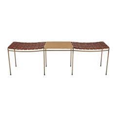 Two Seat Single Rail Woven Leather Bench with Handwoven Rush Table