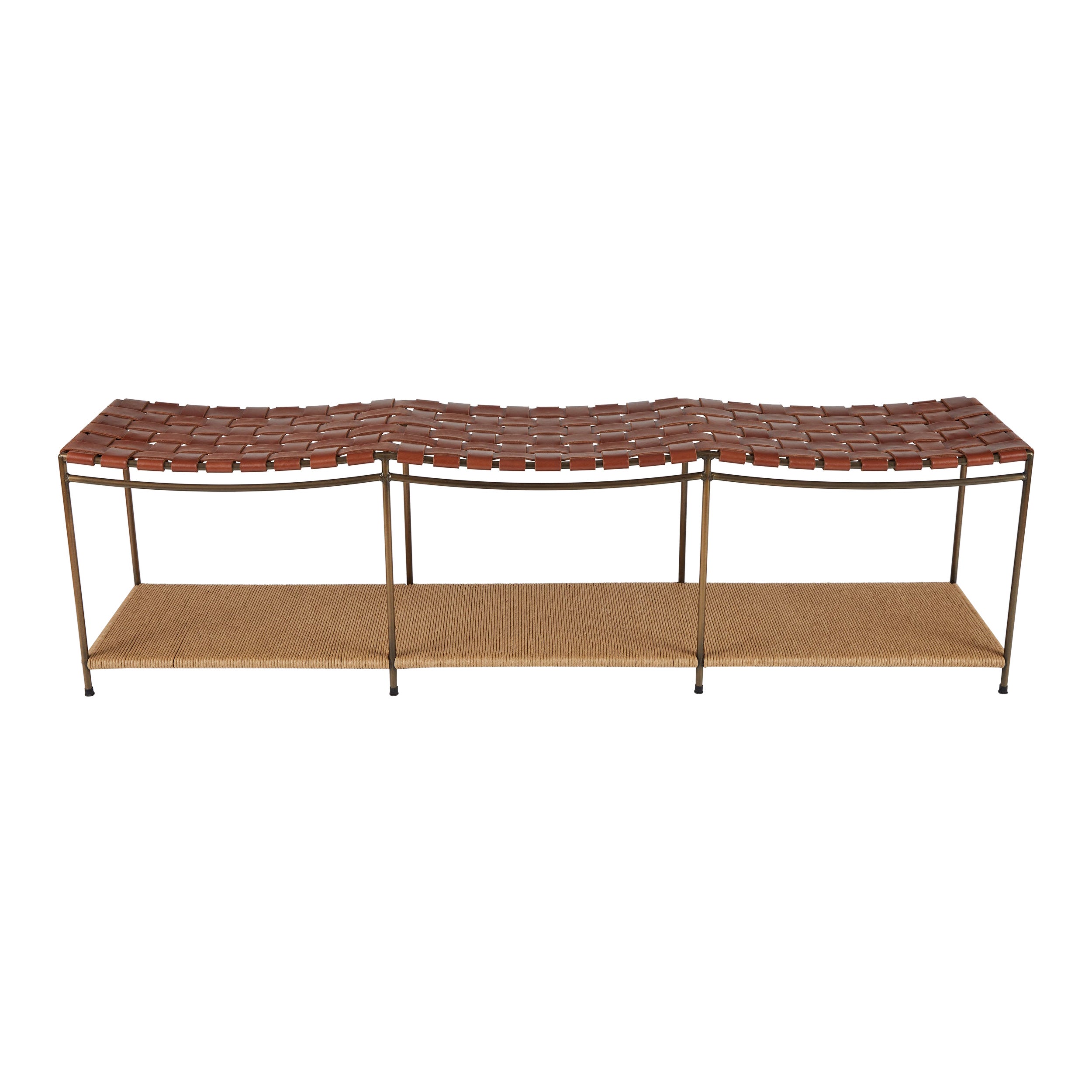 Three Seat Single Rail Woven Leather Bench with Rush Shelf