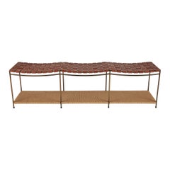 Three Seat Single Rail Woven Leather Bench with Rush Shelf