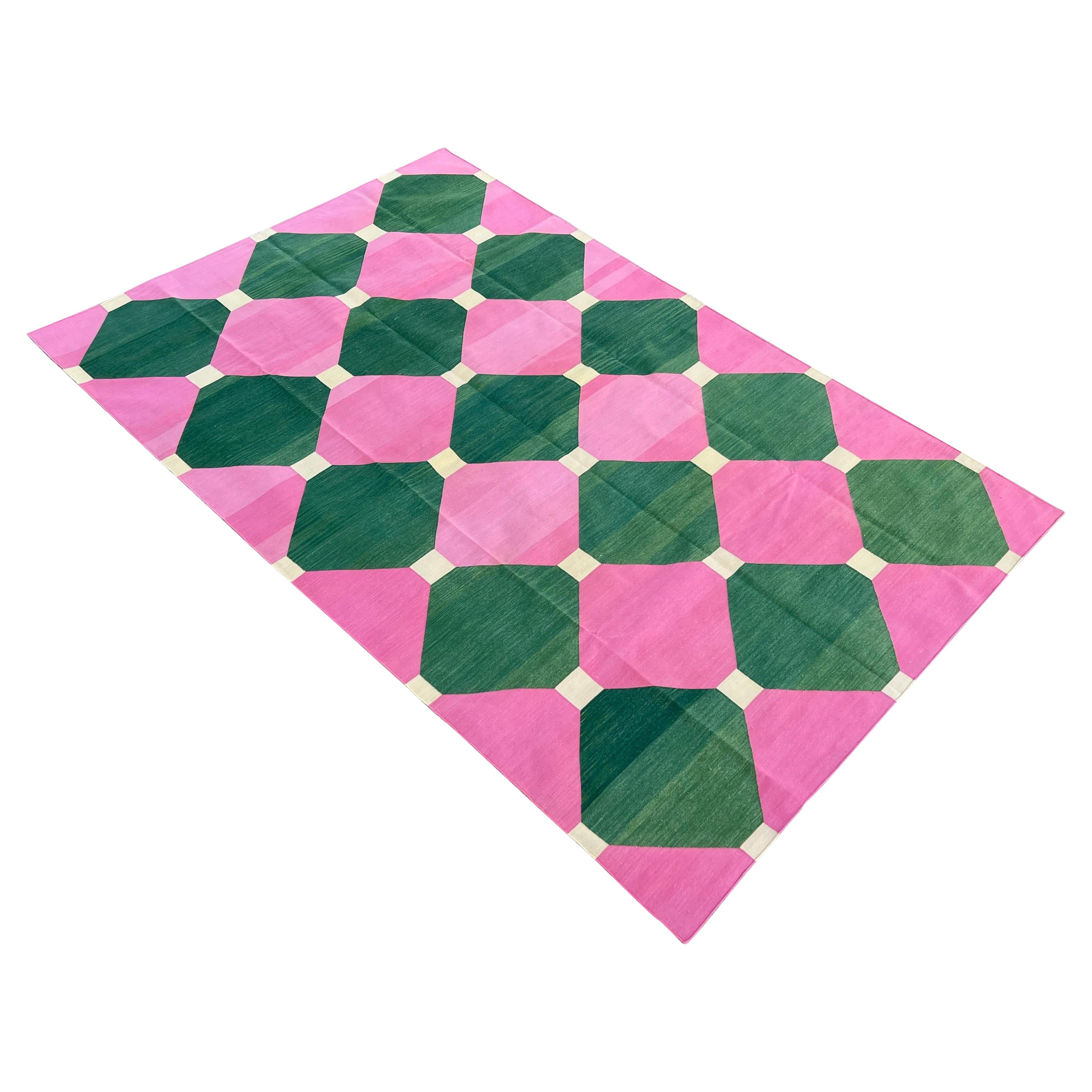 Handmade Cotton Flat Weave Area Rug, 6.5x10 Pink And Green Tile Indian Dhurrie