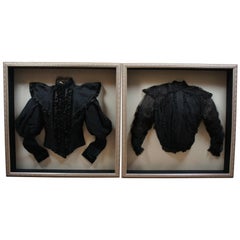 2 Antique Victorian Black Velvet & Lace Bodice & Shirtwaist Shadowboxes 30"