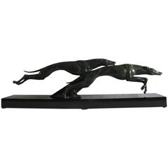 Antique Bronze and Marble Art Deco Whippet Dog or Greyhound Statue Signed Abazony