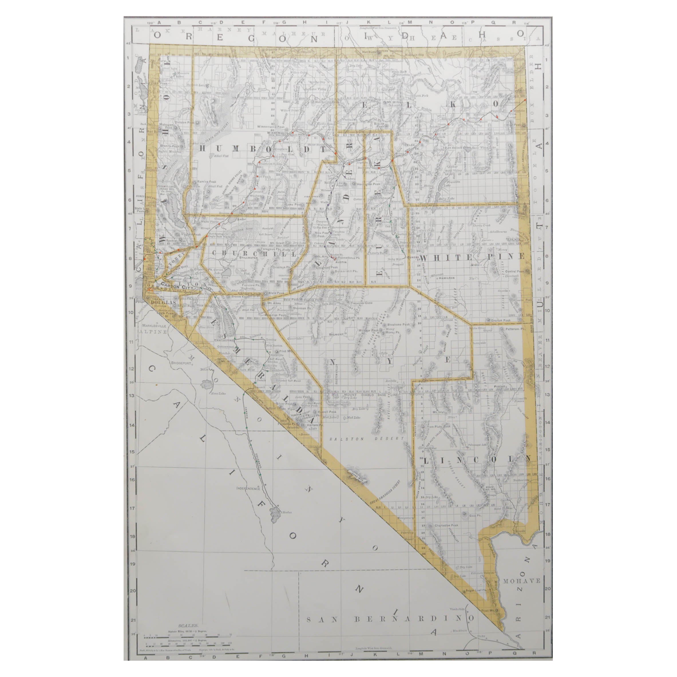 Grande mappa originale antica del Nevada, USA, 1894