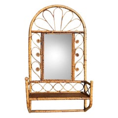 Vintage Hollywood Regency Burnt Bamboo Starburst Wall Mirror with Shelf - 1970s
