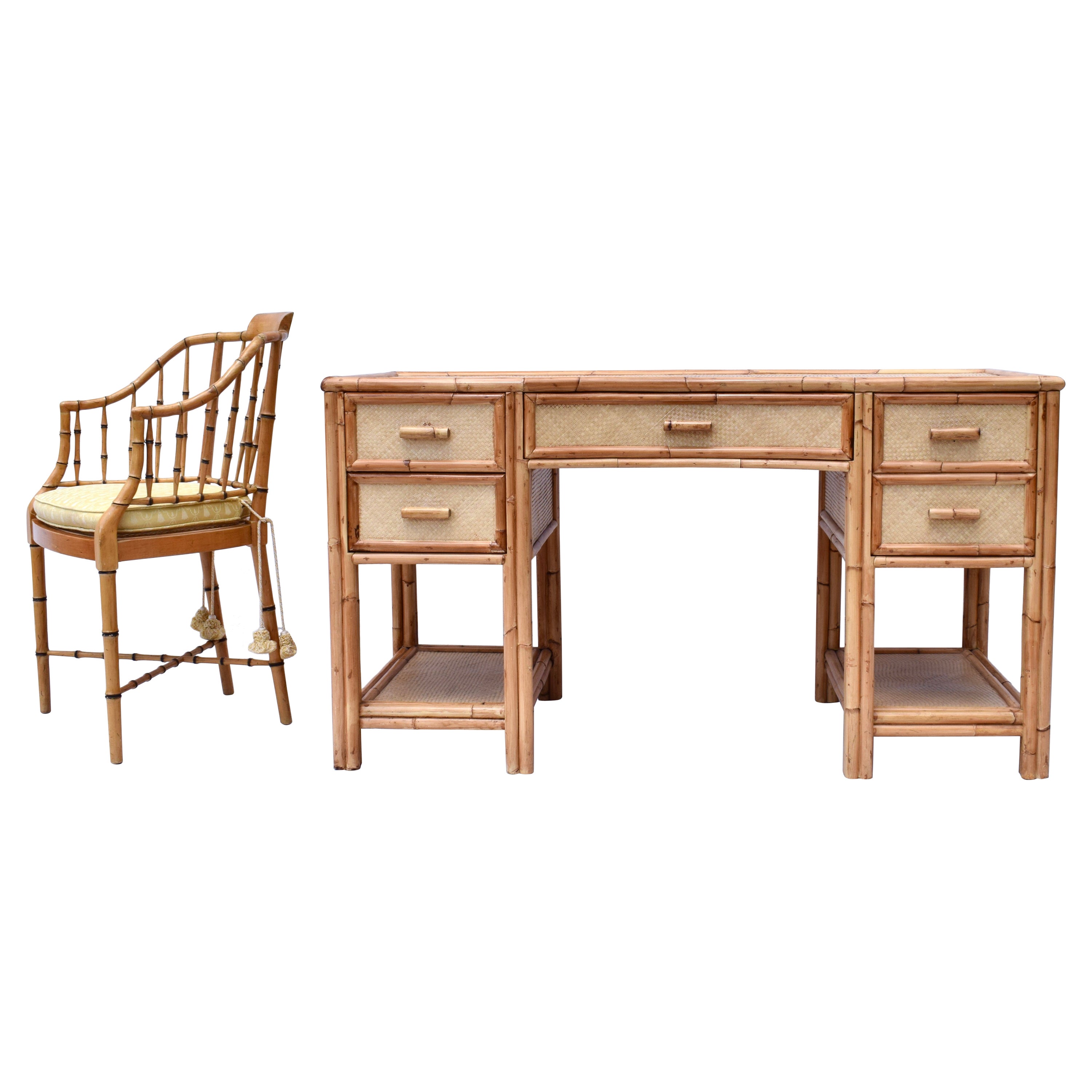 British Colonial Style Vintage Bamboo und Grasscloth Schreibtisch Set